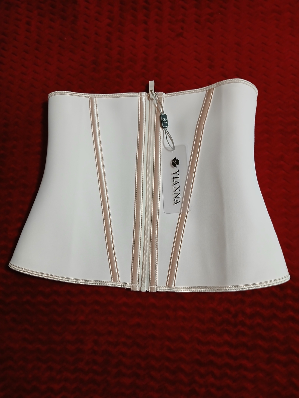Yianna Cream Waist Trainer with Beige Trim and Front Zip